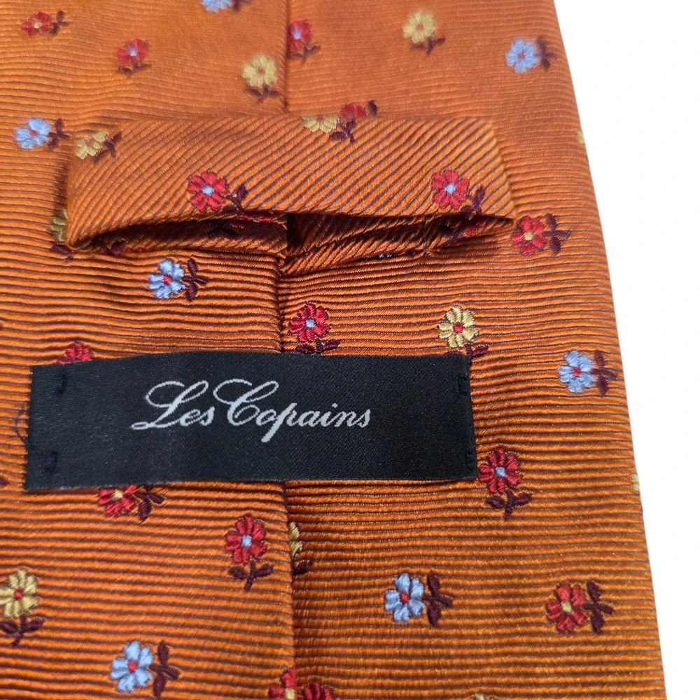 Les Copains Mens Necktie‎ Orange Silk Floral Striped Embroidered Long Luxury